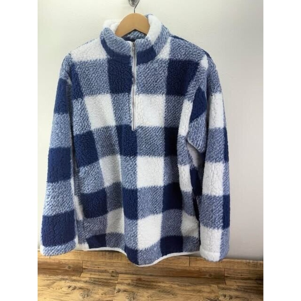 Women's Fashion Blue and White Plaid Sherpa Syle Half Zip Pullover Size XL